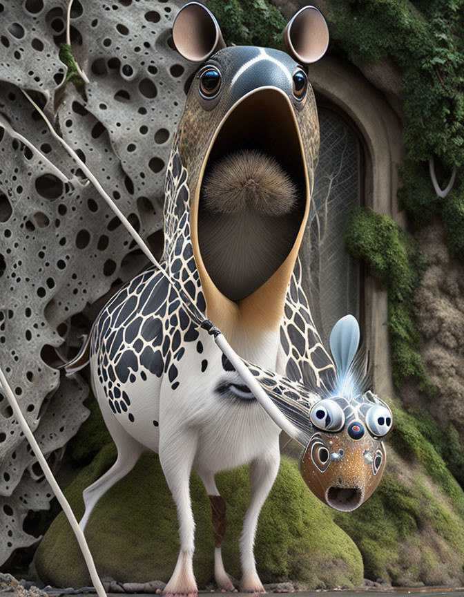 Hybrid Giraffe-Owl-Fish Creature with Fairy Tale House Background