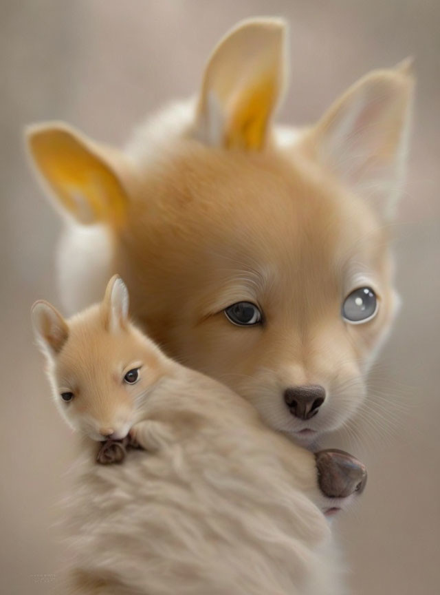 Illustration of fluffy dog and tiny bunny cuddling closely