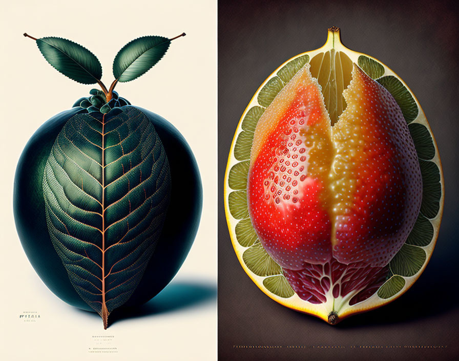 Stylized diptych: Dark leafy fruit vs. citrus slice with water droplets