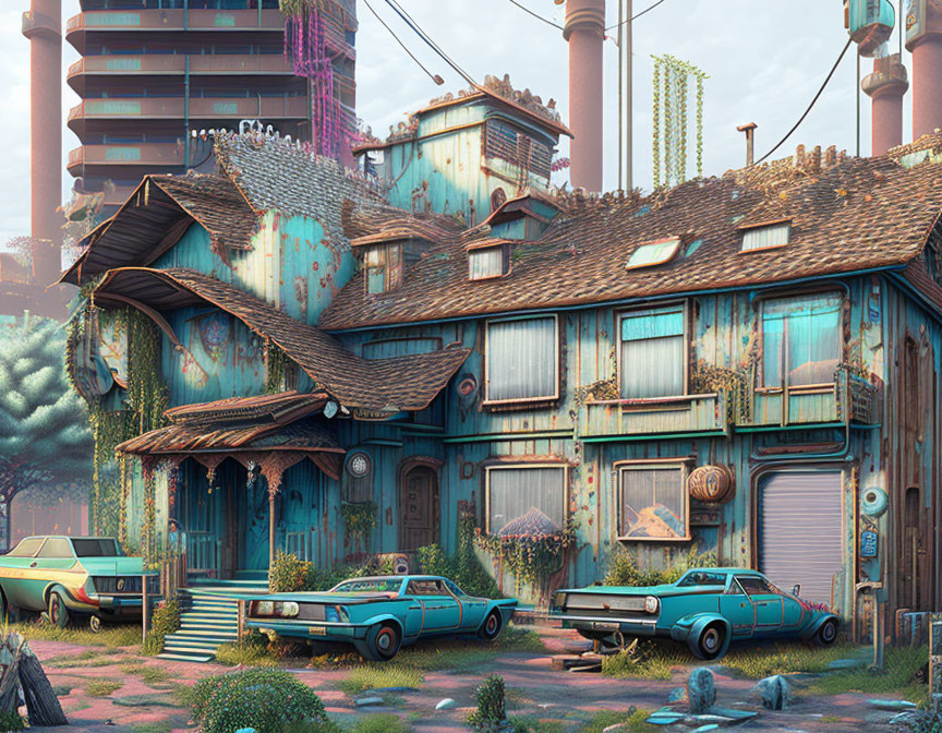 Weathered two-story house with overgrown plants, classic cars, and industrial towers in retro-fut