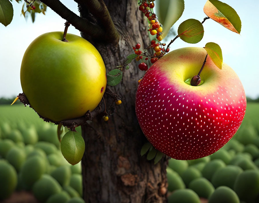 Digitally altered image of tree trunk with large green and red apples among smaller fruits