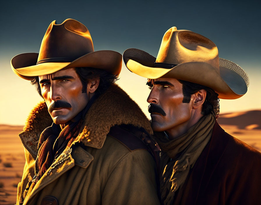 Two Men in Cowboy Attire Back-to-Back at Sunset