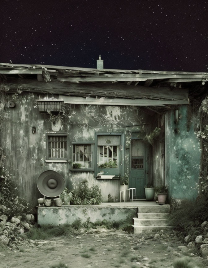 Rustic house with green door and window under starry night sky and vintage speaker