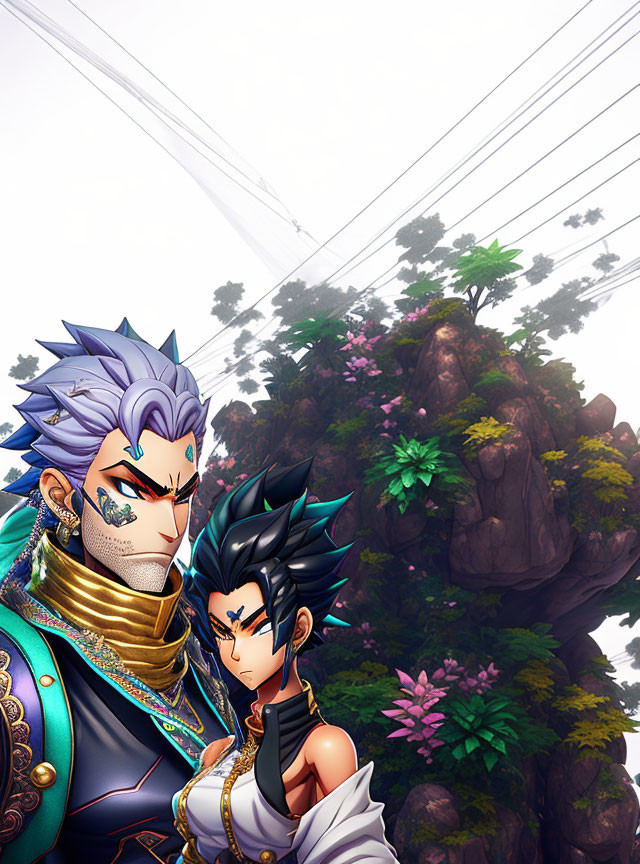 Silver-haired bearded character and black spiky-haired character in traditional attire with misty mountain backdrop