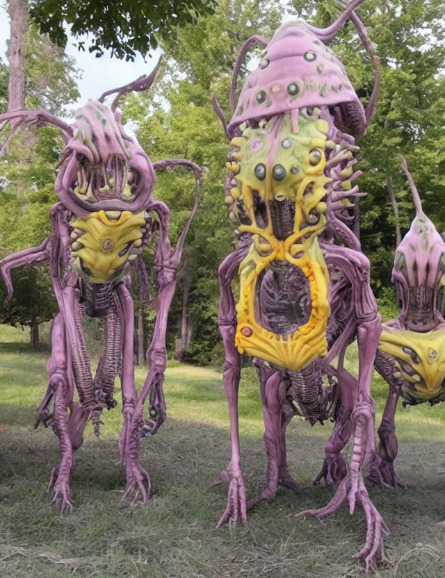 Three Large Fantastical Insectoid Sculptures in Purple, Yellow, and Green