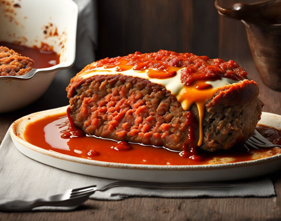 Meatloaf with melted cheese and tomato sauce on white plate