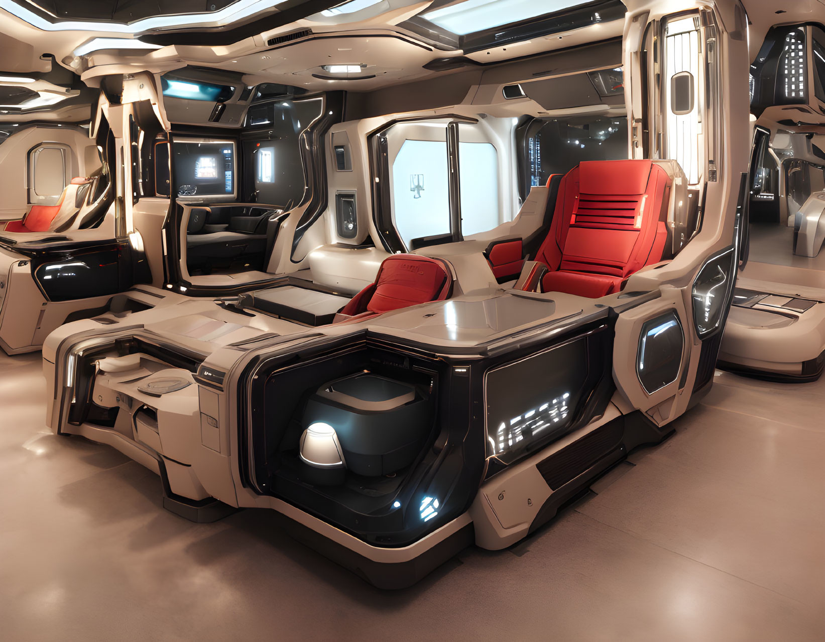 Sleek White and Black Futuristic Spacecraft Interior Design