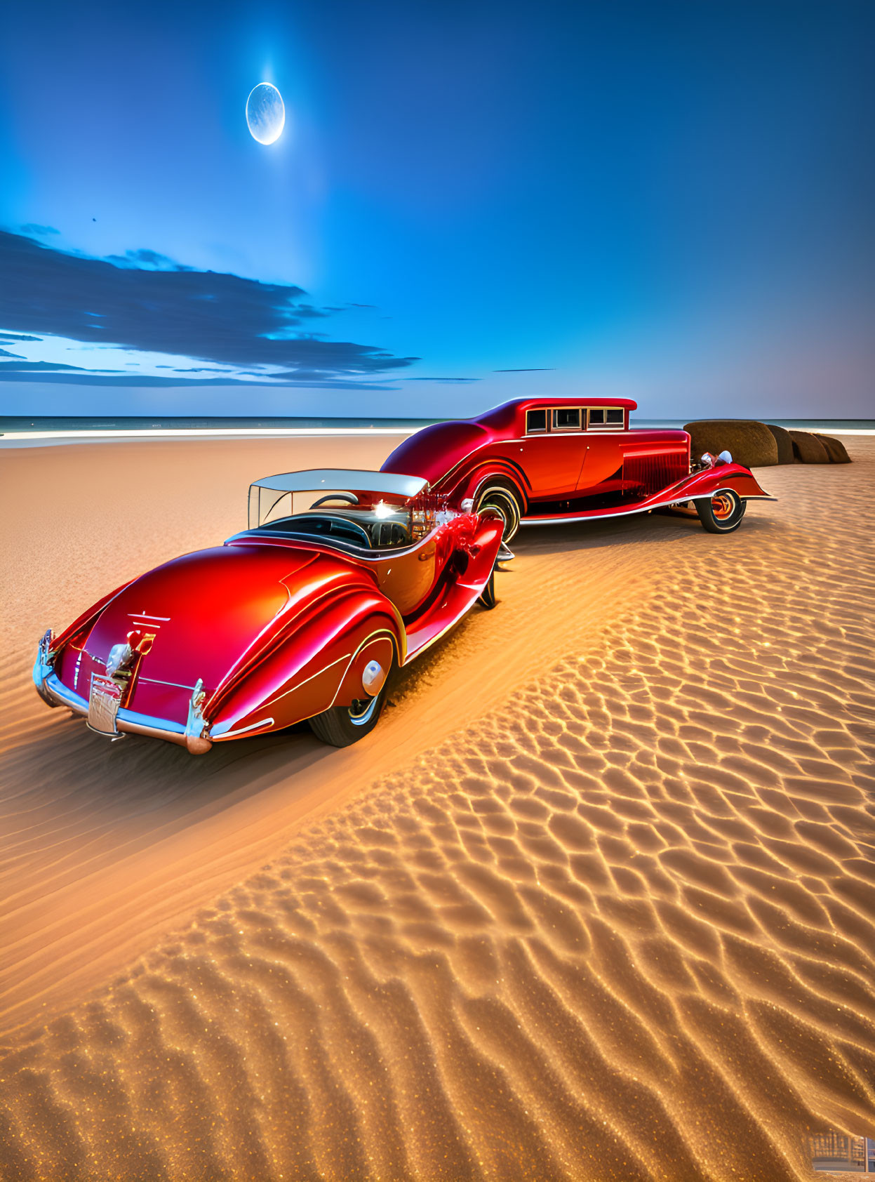 Futuristic red car and trailer on sandy beach under twilight sky