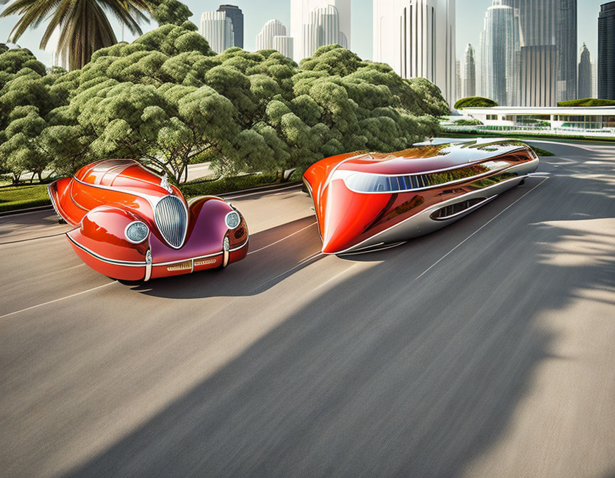 Sleek futuristic orange vehicles in urban setting with trees and skyscrapers