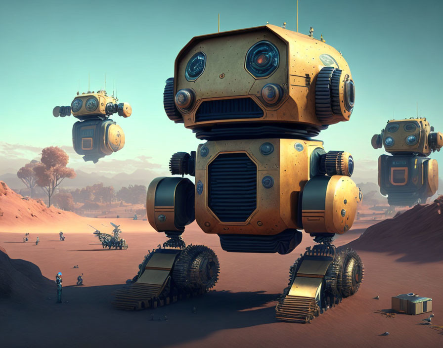 Yellow Tracked Robots and Flying Companions in Desert Landscape