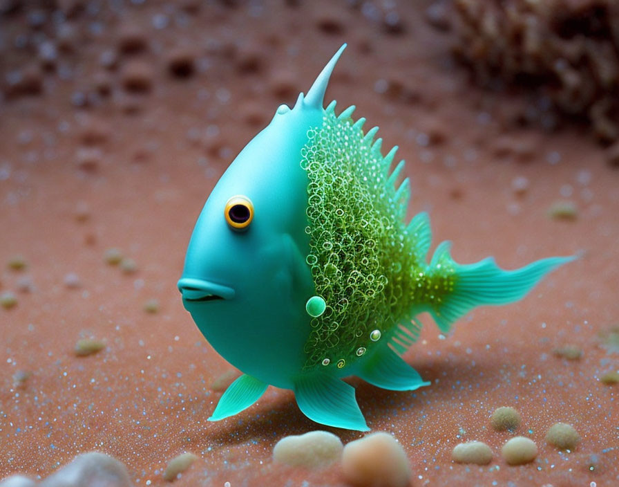 Blue fish with unicorn horn in bubbly green textures on sandy seabed