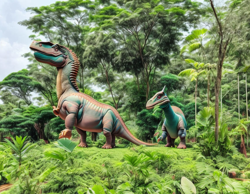 Colorful model dinosaurs in lush forest foliage