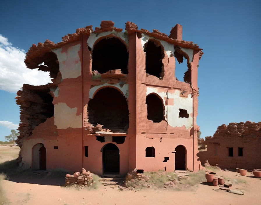 Decrepit Two-Story Brick Building Under Blue Sky