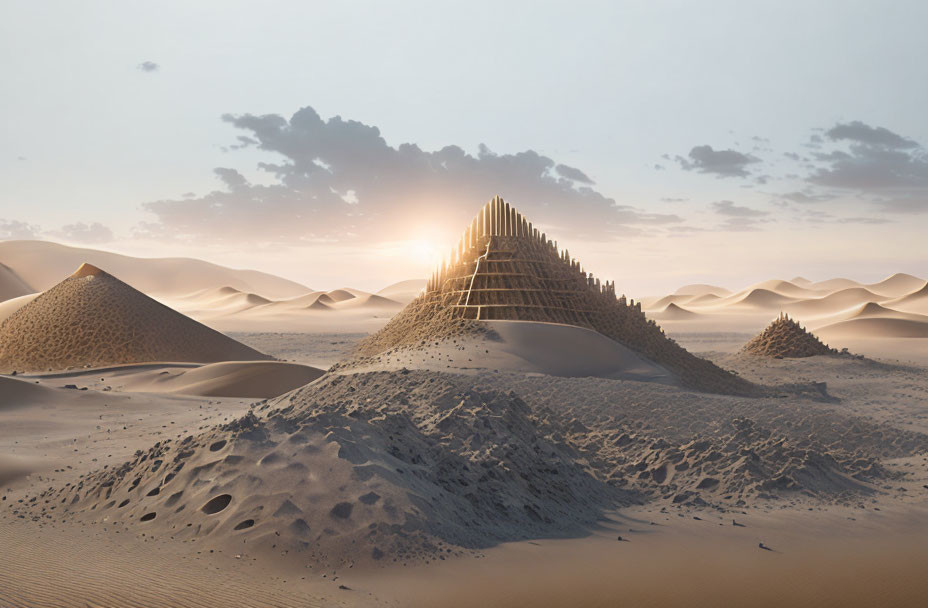 Futuristic pyramid with beam in desert dunes at sunset or sunrise