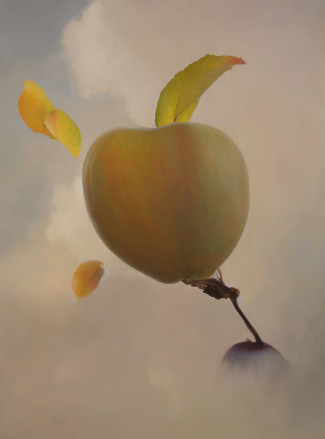 Surreal green apple with leaves on cloudy background