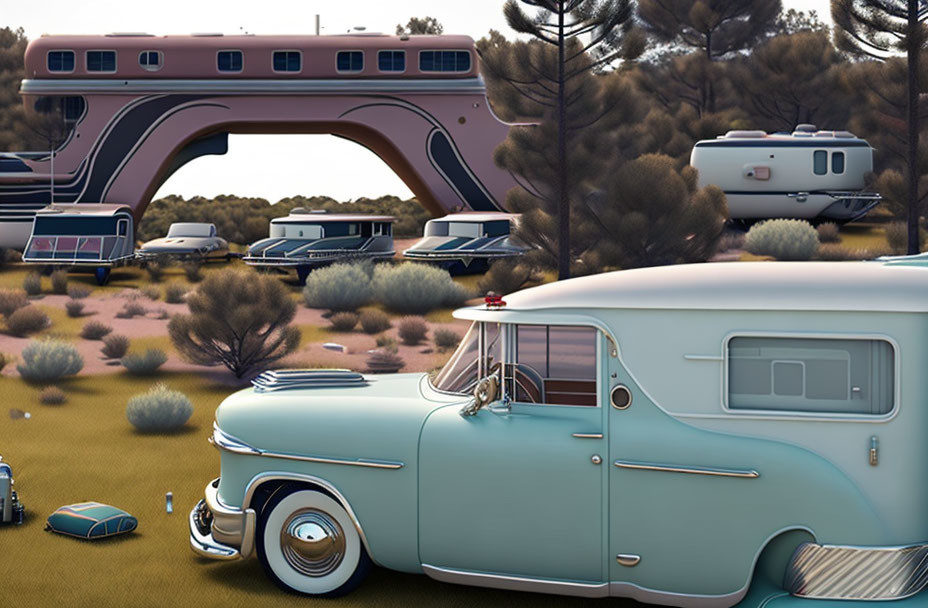 Vintage vehicles and trailers in desert landscape under large bridge