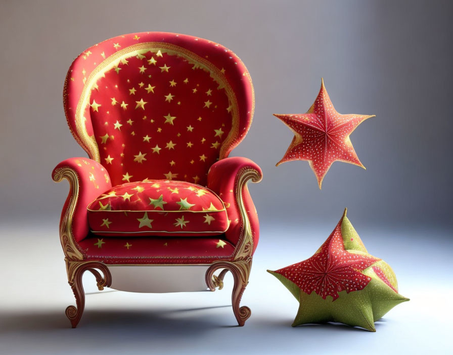 Red Ornate Chair with Star Patterns and Matching Pillows on Neutral Background