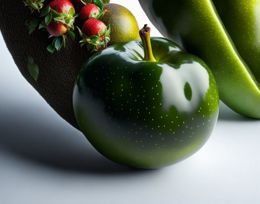 Digital art: Glossy green apple with star-like speckles and fruit amalgam background.