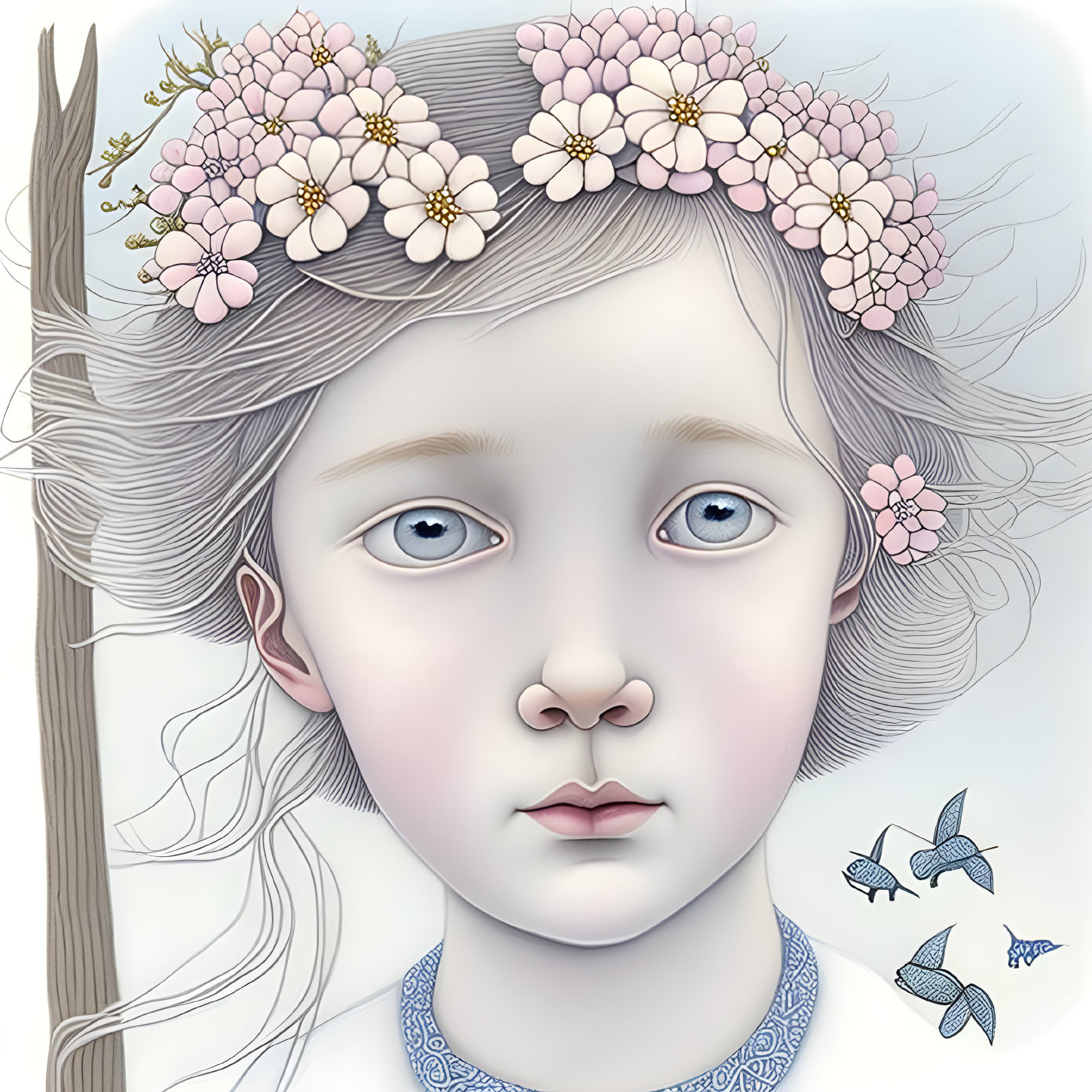 Young girl with blue eyes and floral crown, accompanied by blue butterflies.