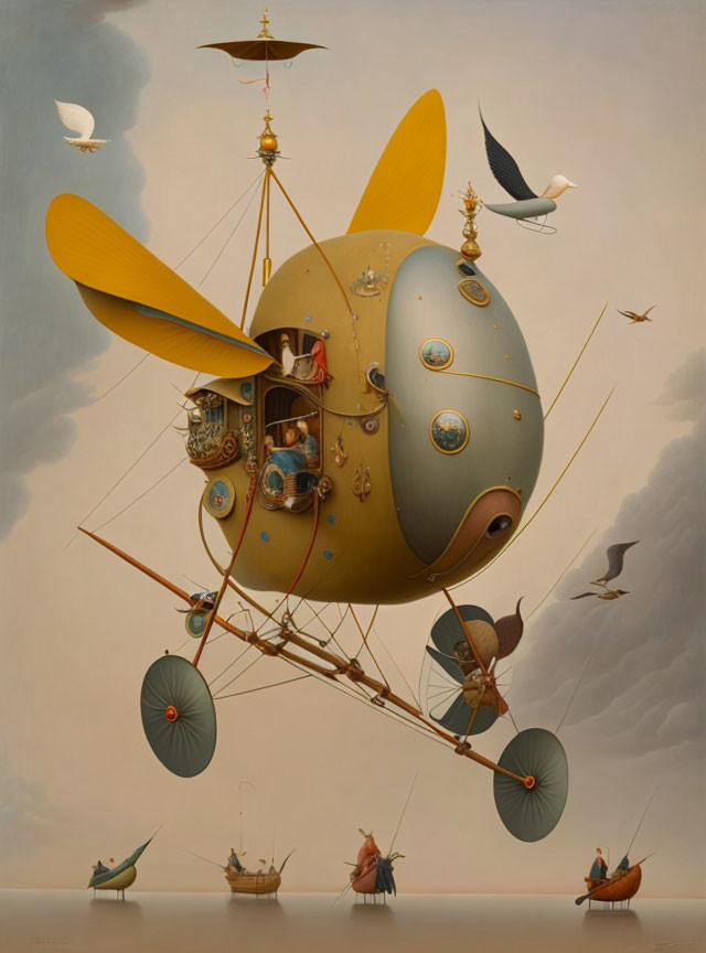 Detailed Steampunk Airship with Propellers, Birds, and Onlookers