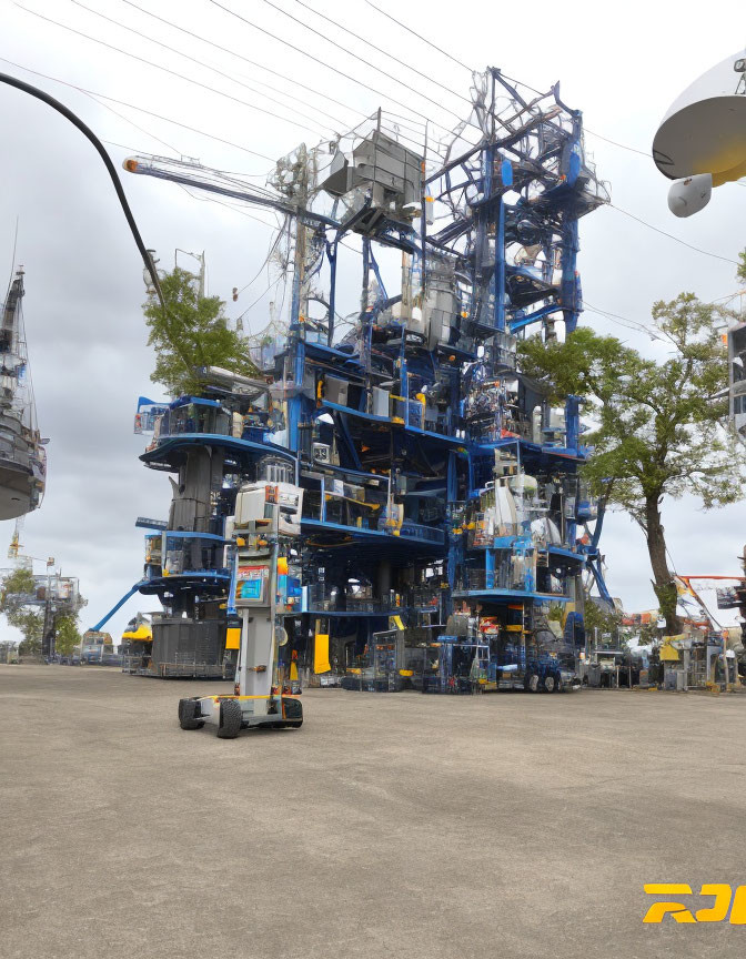 Industrial blue structure with multiple levels and mechanical equipment.