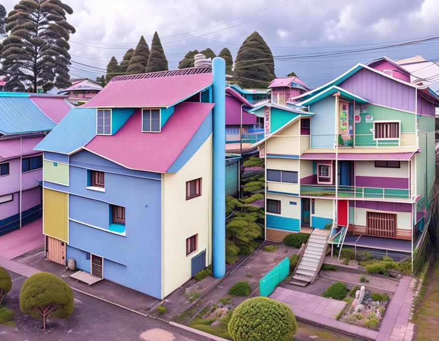 Vibrant Blue, Pink, and Purple Houses in Colorful Residential Area