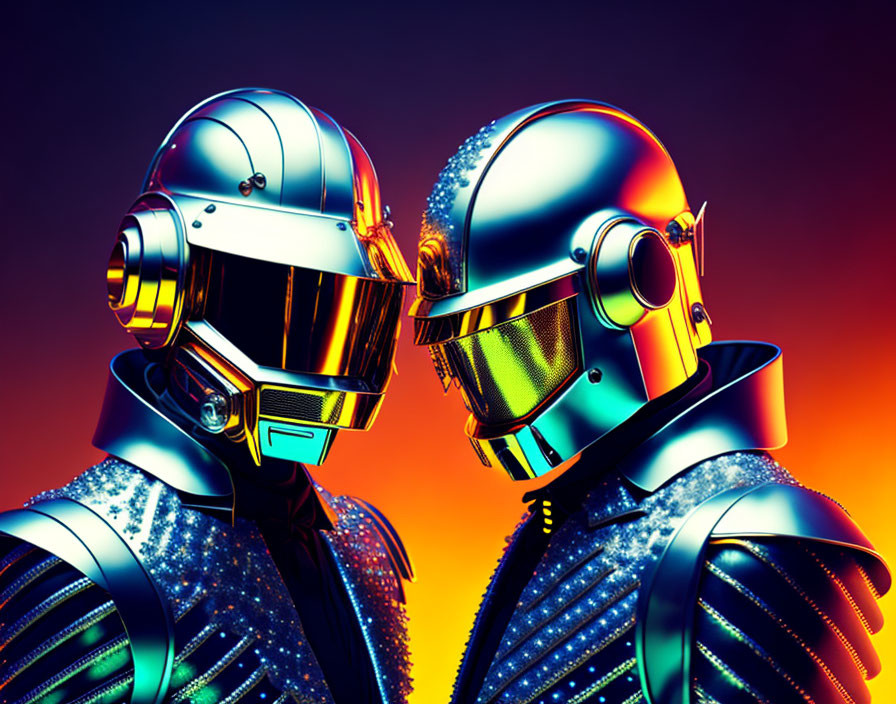 Futuristic robot figures in reflective helmets on vibrant backdrop