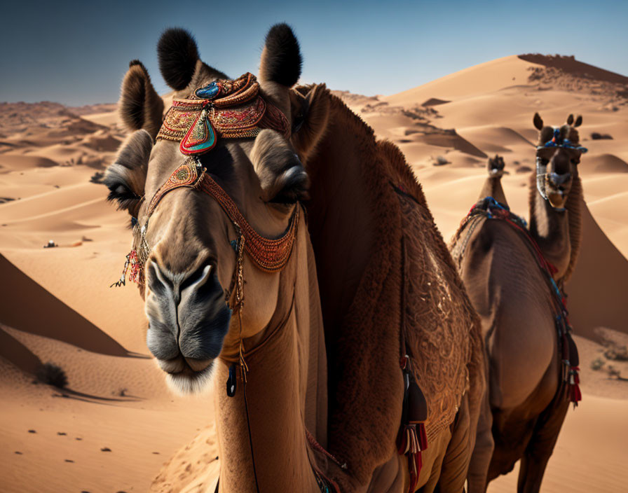 Desert scene: Two camels with decorative saddles amidst sand dunes