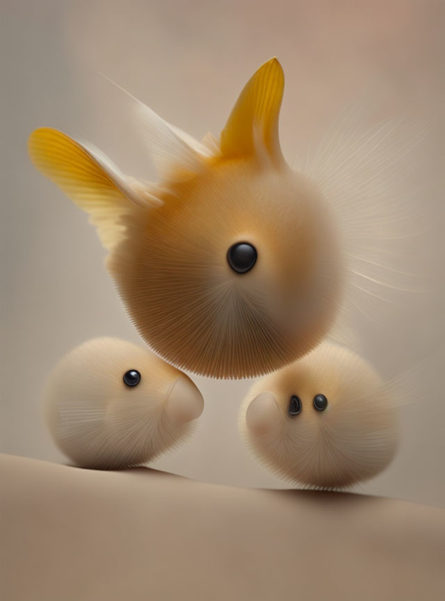 Stylized cartoon creatures: fluffy chicks with fish fins