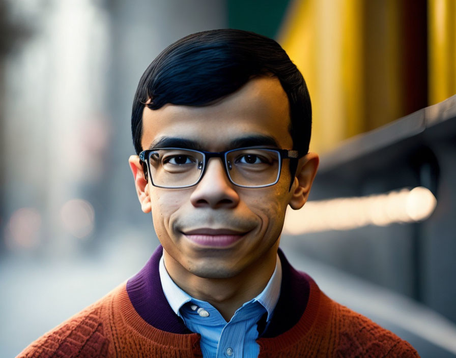 Young man in collared shirt and sweater, smiling with glasses, city backdrop.