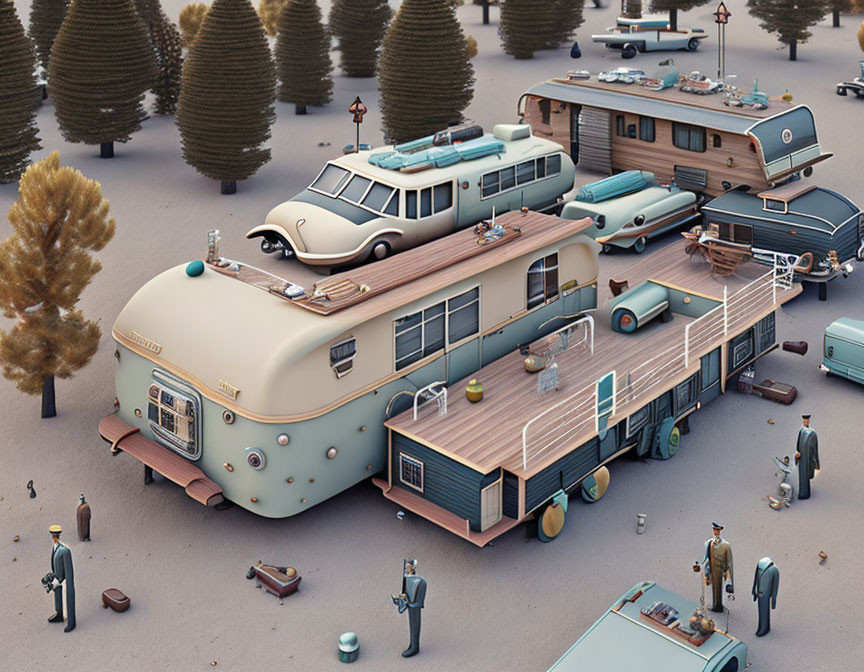 Retro-futuristic caravan park with stylized vehicles and trailers surrounded by people, trees, and