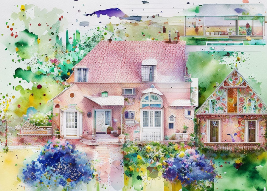 Vibrant watercolor painting of a quaint house with flowers