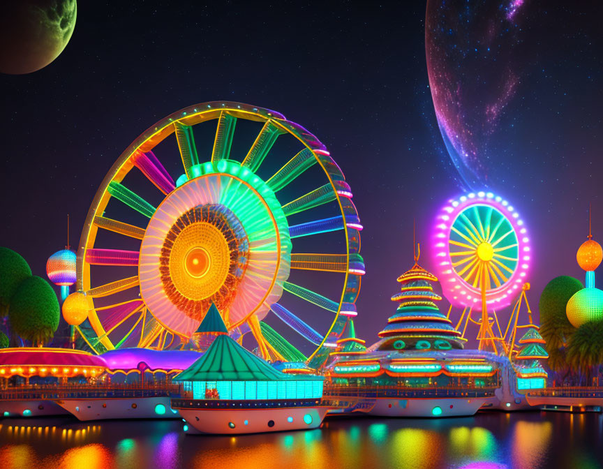 Colorful illuminated amusement park at night with Ferris wheels and cosmic sky.