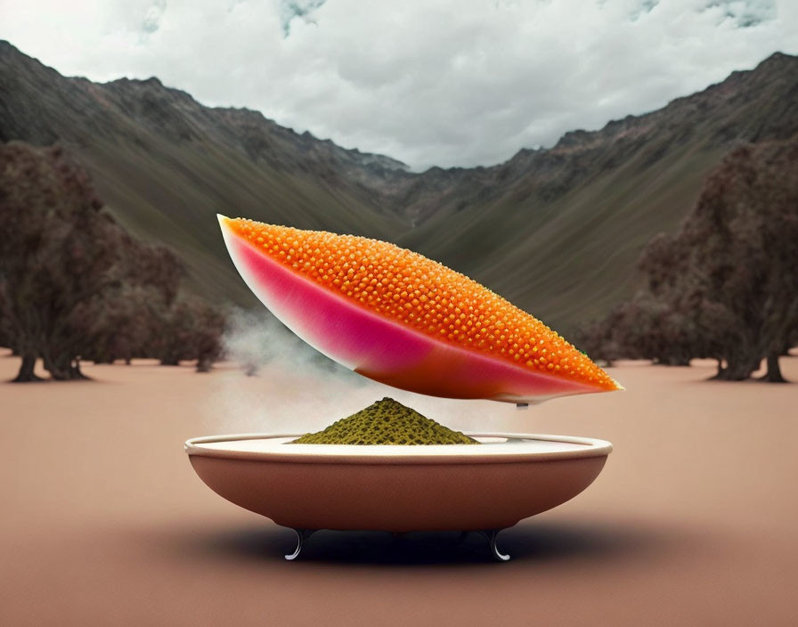 Surreal floating papaya half with transforming seeds on dish against barren landscape