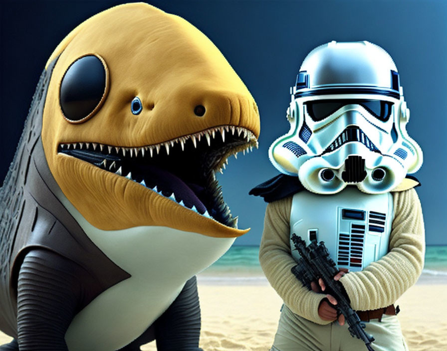 Stormtrooper with blaster next to cartoon shark on blue background