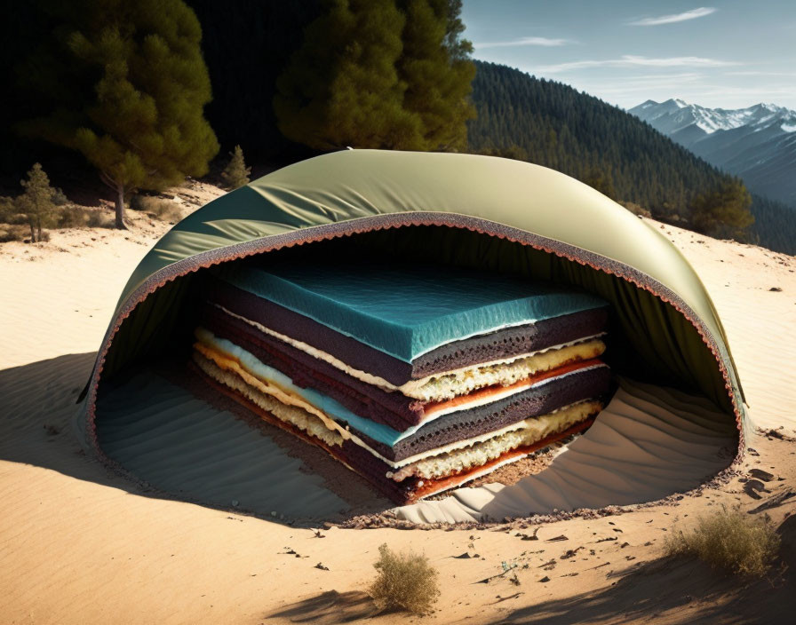 Surreal desert scene with colorful mattress layers and tent canopy