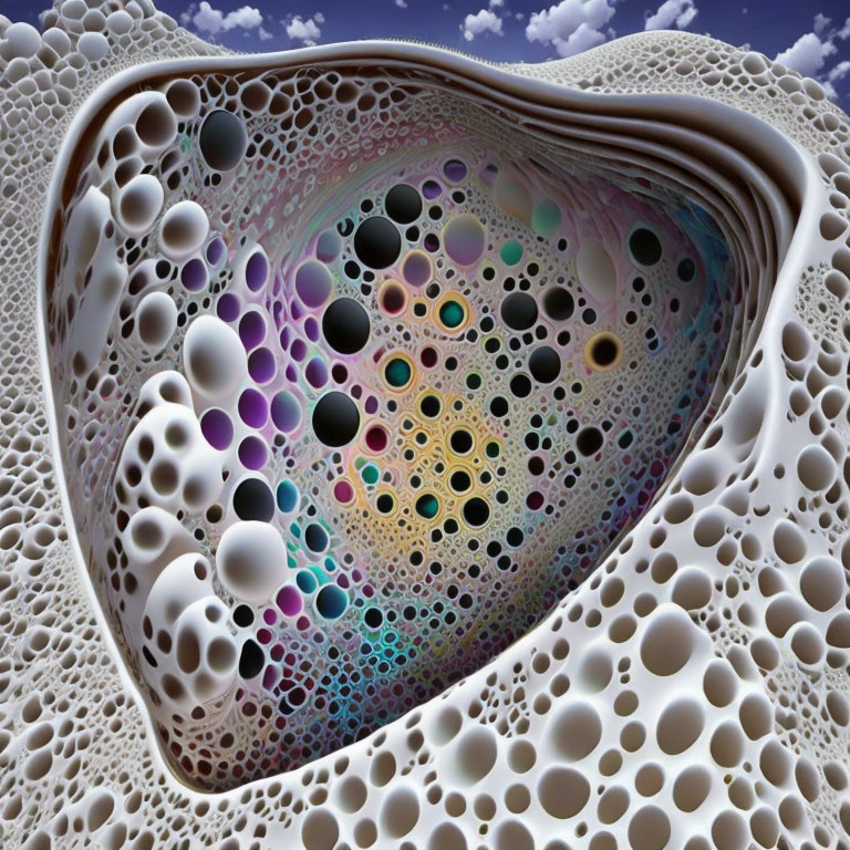 Surreal fractal landscape with heart-like opening and colorful bubbles