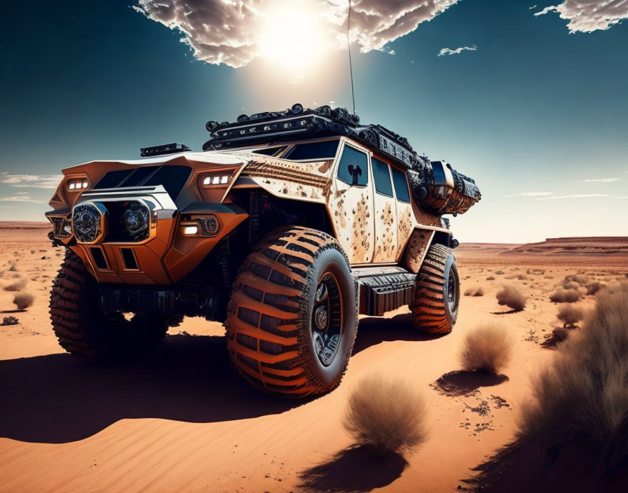 Armored off-road vehicle with heavy tread tires in futuristic desert setting