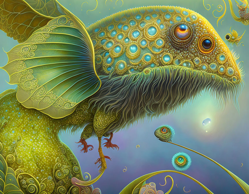 Colorful surreal lizard creature with jeweled back and leaf-like wings in vibrant backdrop