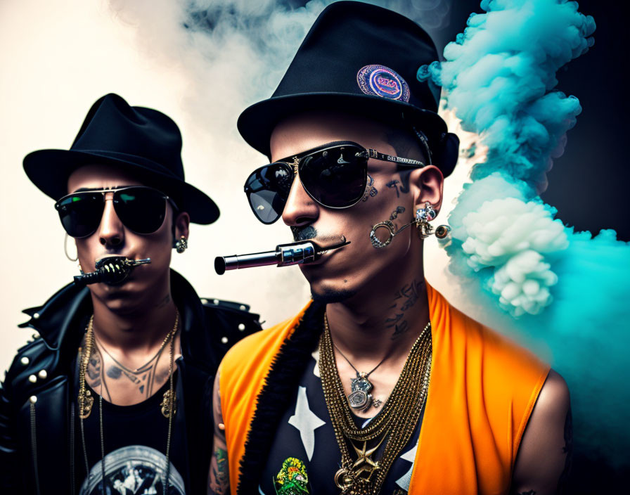 Fashionable individuals in sunglasses, hats, leather jacket, and vibrant tattoos.