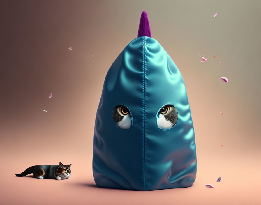 Blue Bean Bag with Cartoonish Cat Eyes and Real Cat Among Pink Petals