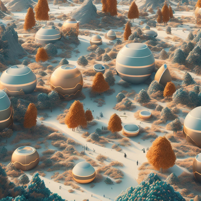 Futuristic dome-shaped structures in snowy landscape at sunrise or sunset