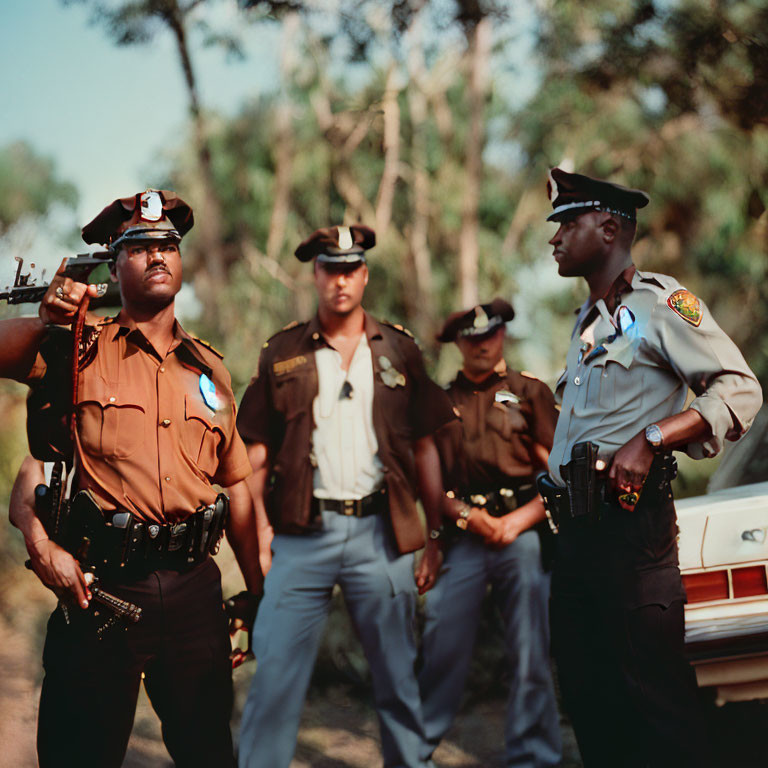 Law Enforcement Officers in Uniform Outdoors Pointing Off-Camera