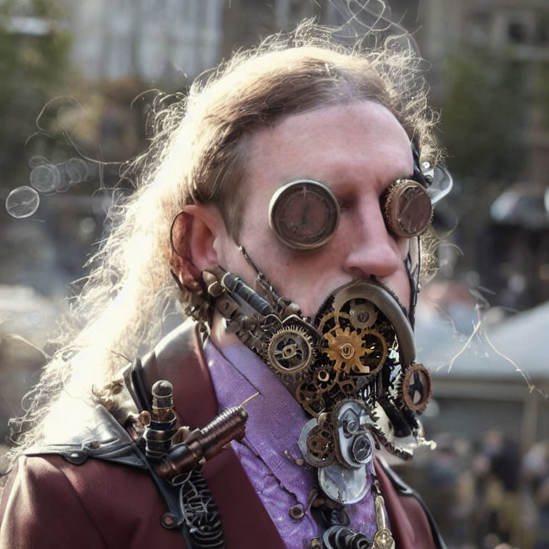 Steampunk-themed person with gear mask, goggles, vest, and bubbles.