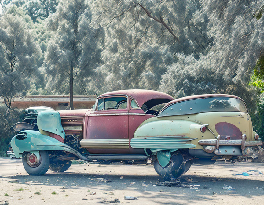 Abandoned vintage cars with faded paint under tree canopy