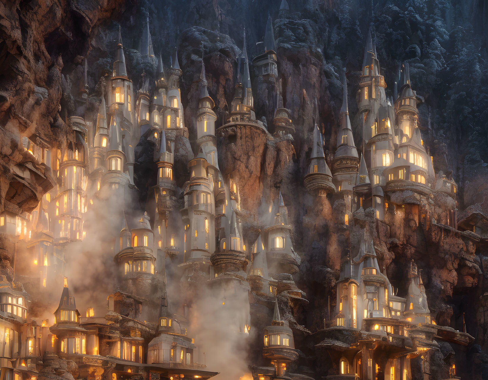 Fantasy mountain city with illuminated towers and misty cliffs