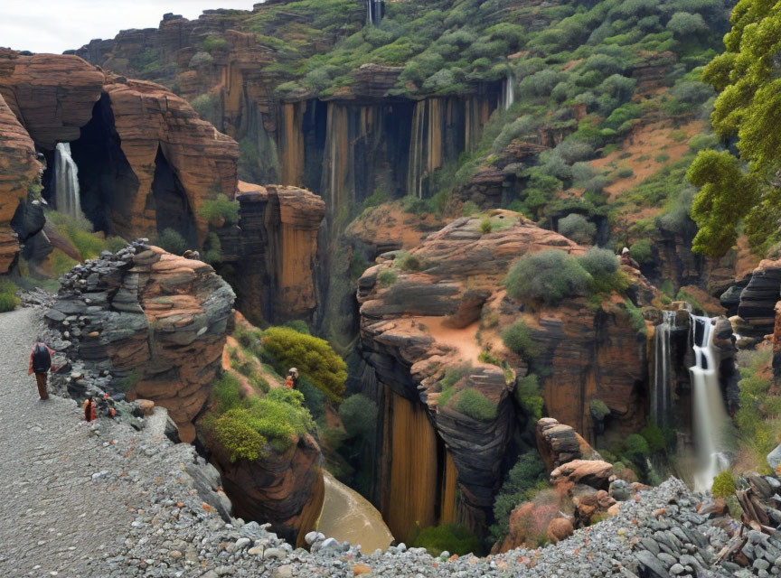 Multiple Waterfalls Cascading Down Cliffs with Greenery and Observers