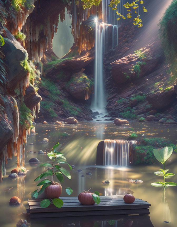 Tranquil waterfall in lush forest setting