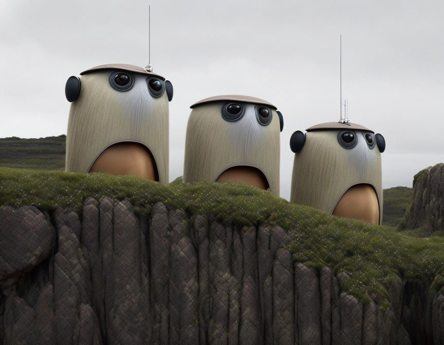 Round structures with eyes and antennas on moss-covered landscape