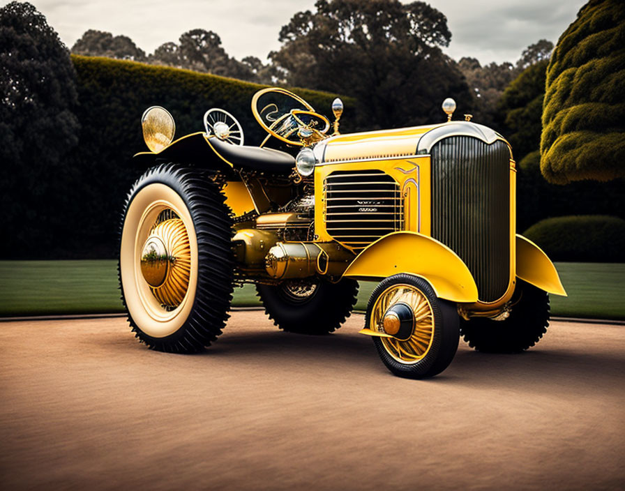 Vintage Yellow Car with Large White-Wall Tires and Polished Finish